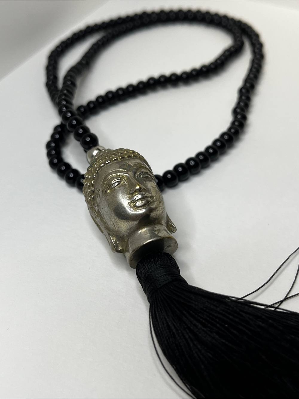 ✨2/$25✨ Silver Buddha Head Black Bead Necklace with Black Tassel
